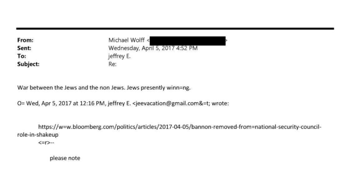 gabriel_draghi's tweet photo. Du coup toujours pas de réponse @RReichstadt, sur cet échange entre #Epstein 🇮🇱 et le journaliste Michael Wolff ? est-ce complotiste ? 
↘️ « Guerre entre les Juifs et les Goyim. Les Juifs sont en train de gagner », auquel #Epstein a répondu : « Ouais ». EFTA00715666
@conspiration https://t.co/MK8q4OsNrG