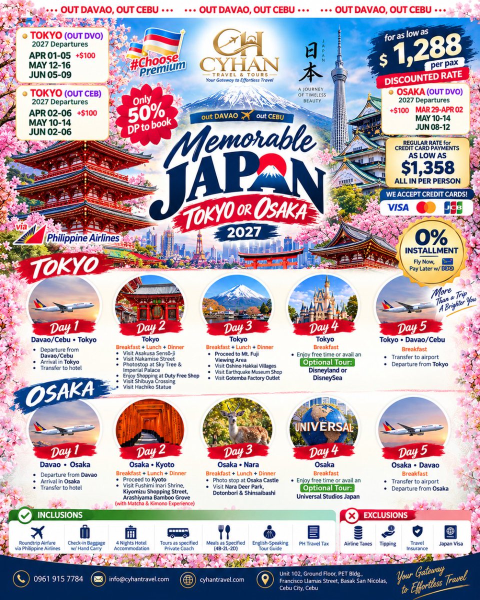 83ruzgar's tweet photo. 0% installment with eligible BDO Credit Cards for a 5D4N Japan adventure in 2027. Fly via Philippine Airlines from Davao or Cebu to Tokyo or Osaka. From USD 1, 288 per person, with 50% down payment to book. https://t.co/GjpZJ4fYrl