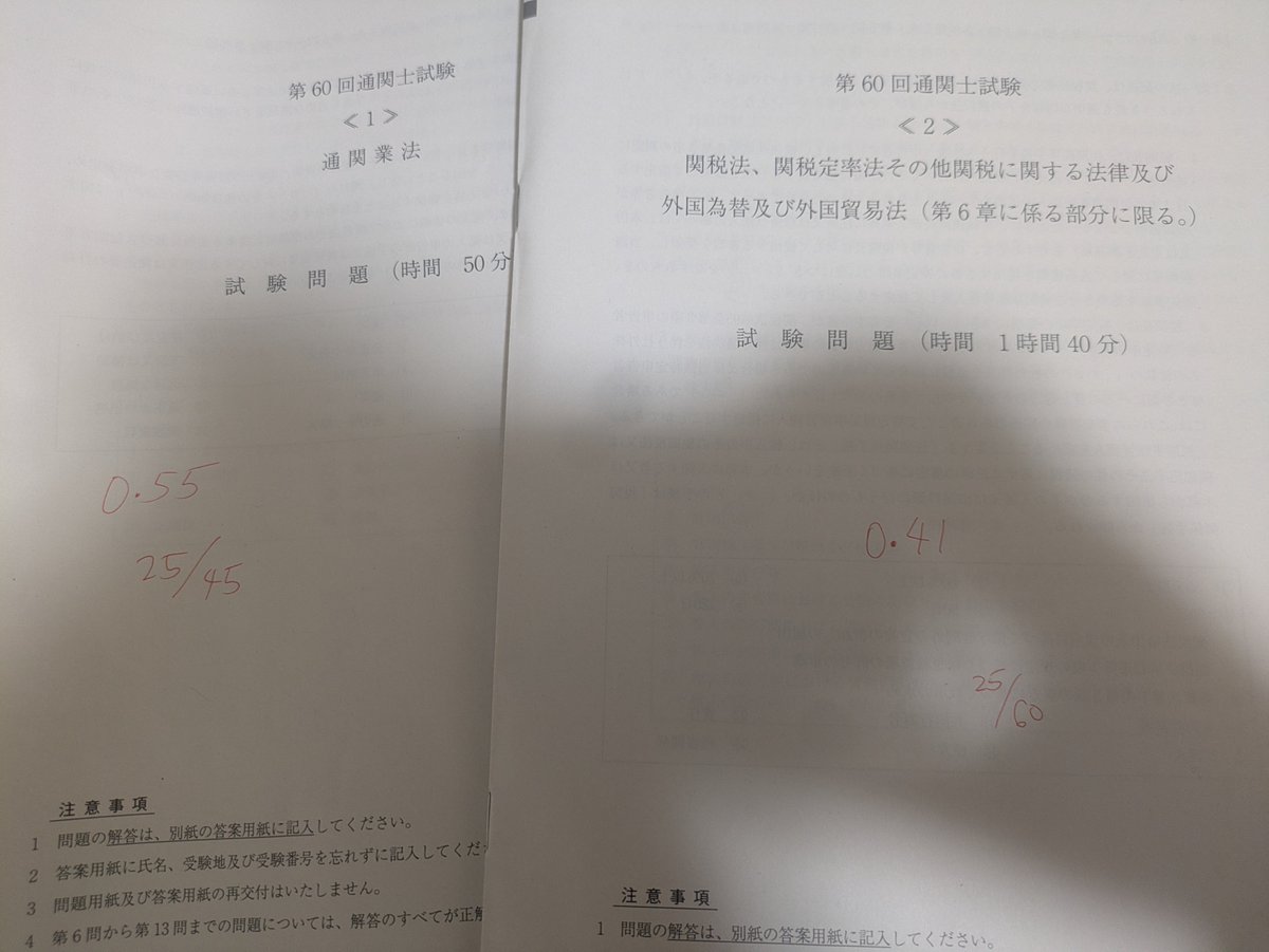 lukas250826's tweet photo. YouTubeで通関業法と関税法の速報でてたので自己採点。通関業法25/45（合格目安　27点）関税法25/60（合格目安36点）。やはり複数選択式が全然合わない。参考書みて本試験初受験できただけで十分。27年の問題集でたら買ってまた来年。暫く英語や貿易Bの学習する。 https://t.co/NfFm7EpC7f