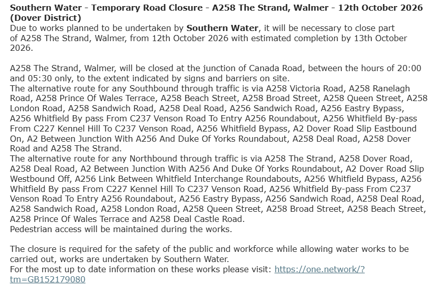 KentHighways's tweet photo. Walmer, A258 The Strand: Road closed 12th - 13th October (20:00-05:30) to allow for @SouthernWater  works: https://t.co/IbOEye7Cfj https://t.co/KMx9JdHZ5k