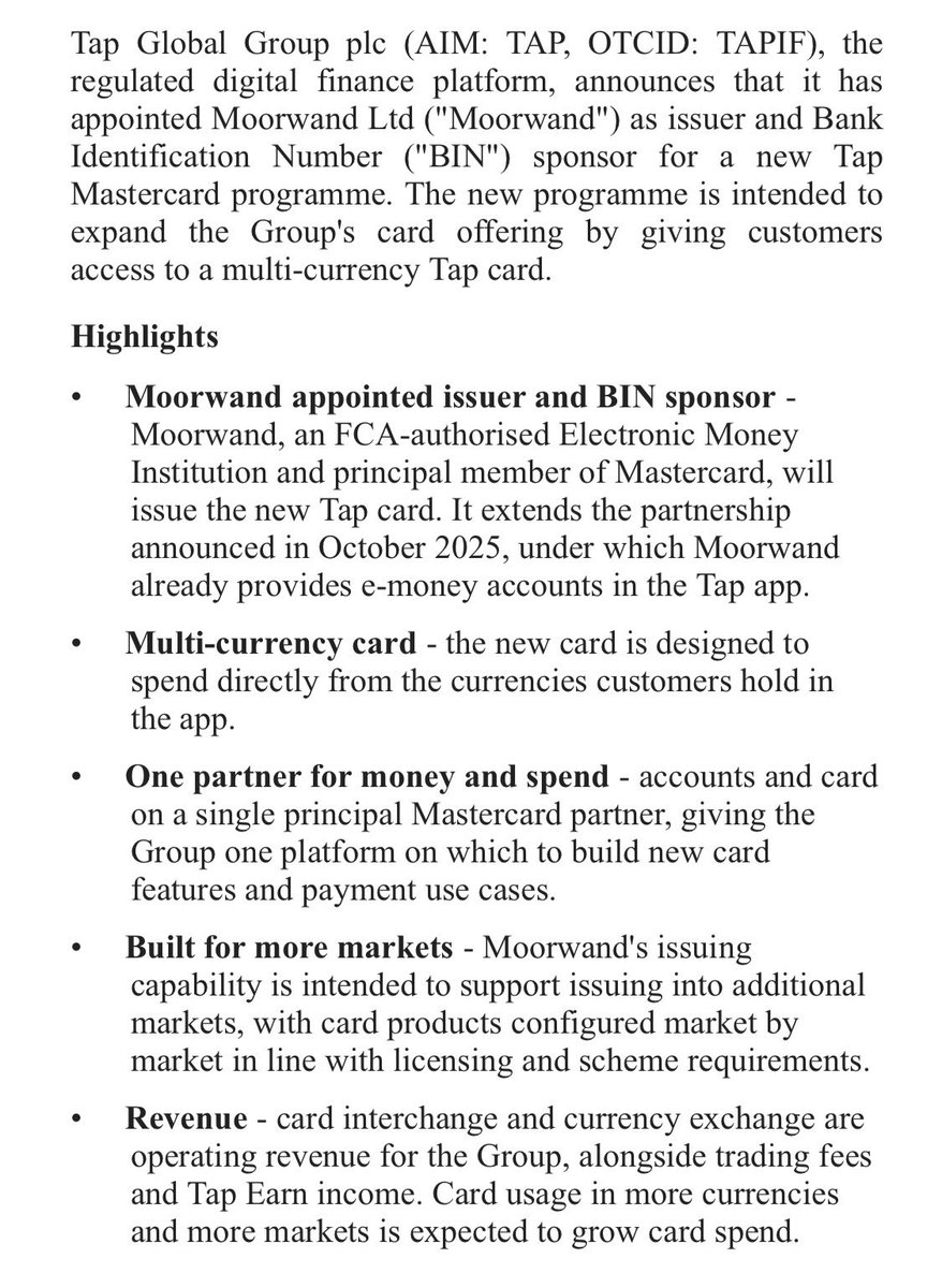 HorseInvestor's tweet photo. 📈 #Tap Global announces new(BIN)Mastercard programme which giving customers access to multi-currency Tap card, meaning spending in other currencies is converted at point of sale💰
#FTSE100 #NG #QTX #SRE #BT #ENSI #LLOY #GFRD #QTX #MTRO #EST #JDW #TOO #ECO #FCM #TUN #KOD #AVCT https://t.co/WP0BNV8RQV