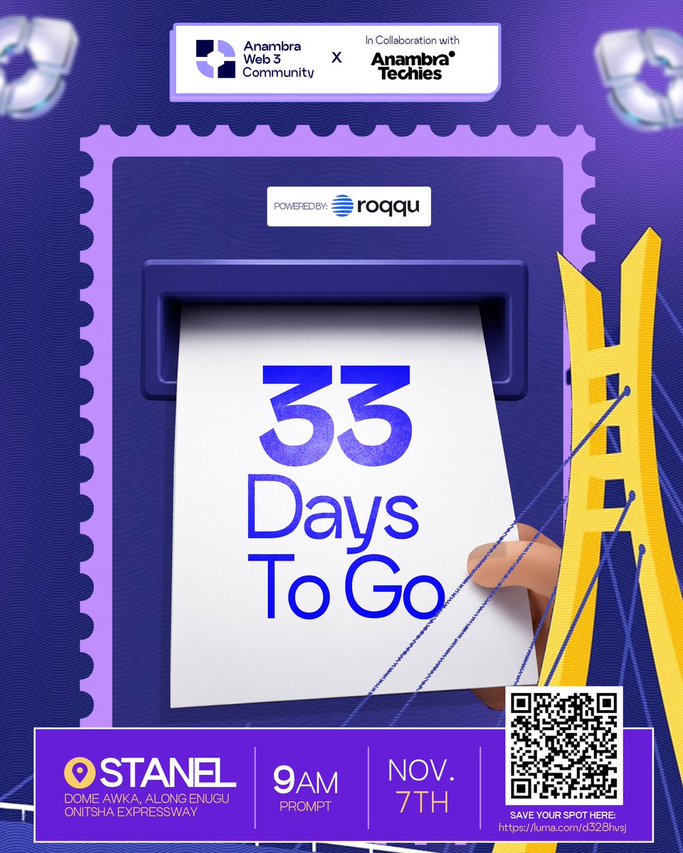Anambraweb3's tweet photo. π₯ 33 DAYS TO GO β OCT. 5
33 DAYS TO GO! π
The date is getting closer.
November 7 is not just another Saturday.
It's a day to connect, learn, meet people and experience the community.
ποΈ Don't miss it:
https://t.co/1imhgjKIws
#AnambraWeb3Conference https://t.co/YgZEWR5IQ6