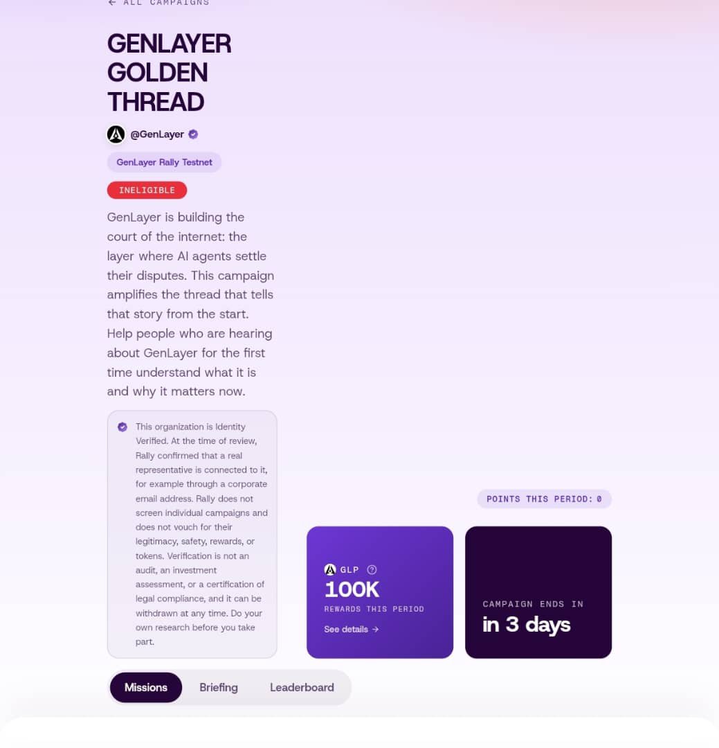 EdwardGoryeo's tweet photo. My first real step into @GenLayer

I'm new here, so I started by exploring the Portal and then tried joining a campaign on @RallyOnChain , one of the apps in the GenLayer ecosystem.

Unfortunately, my X score was too low to participate 😞 I was a bit disappointed, but it taught me something important: Rally rewards real, consistent engagement, not just showing up. It's not about gaming the system, it's about building a genuine presence.

So I'm treating this as a lesson, not a failure. I'll keep posting, engaging with the community, and growing my profile the right way, then I'll come back and join stronger.

What kept me exploring: even a "failed" first step showed me how the ecosystem works, and I'm curious to see what else I can try next.

If you haven't taken your first step yet, open the GenLayer Portal and try one thing. Even if it doesn't go as planned, you'll learn something.

Portal link: https://t.co/ph0DfDKlIF
