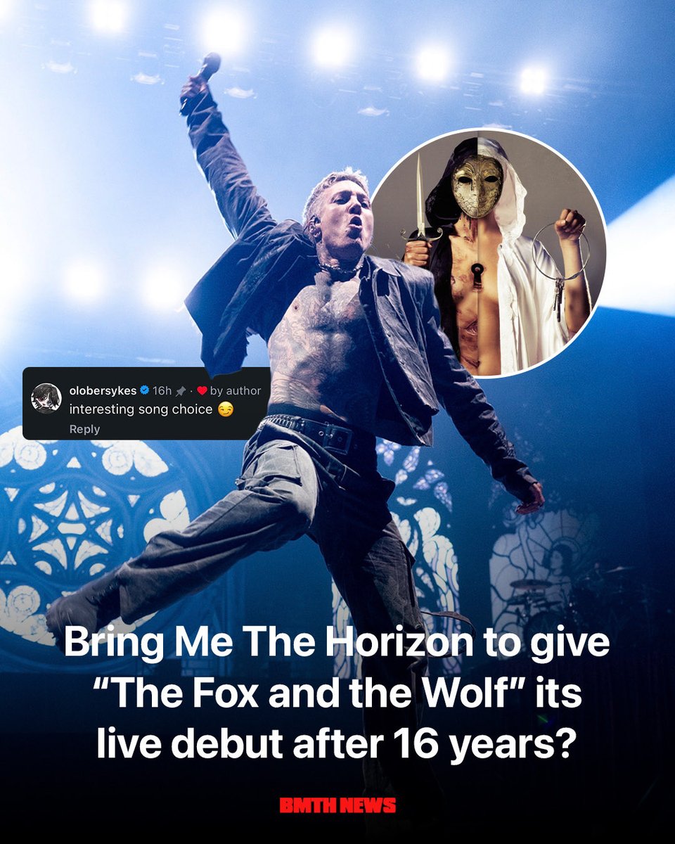 bmth_news's tweet photo. bring me the horizon could be preparing to give “the fox and the wolf” its live debut at furnace fest this sunday.

the speculation started after oli sykes commented on an instagram post using “the fox and the wolf” as the audio, writing: “interesting song choice 😏”. https://t.co/B0BRVt3Wjv