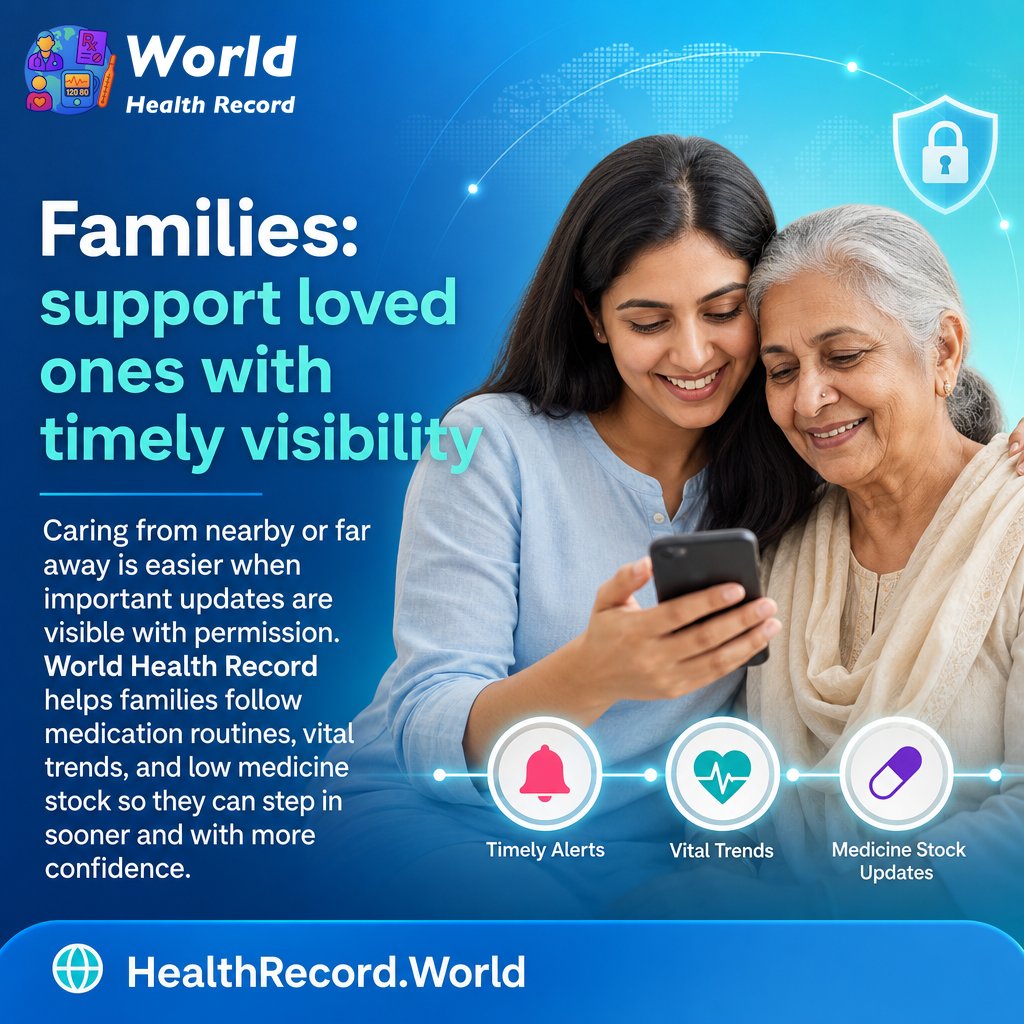 WldHealthRecord's tweet photo. Families: support loved ones with timely visibility

Caring from nearby or far away is easier when important updates are visible with permission. World Health Record helps families follow medication routines, vital trends, and low medicine stock so they can step in sooner and with more confidence. https://t.co/TdewFvUNYP