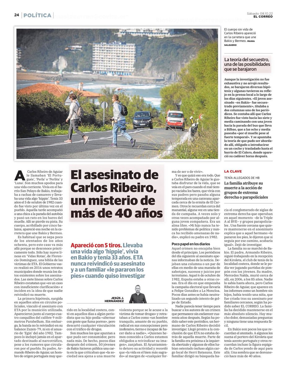 ConsuorF's tweet photo. Si de la mayoría de víctimas no sabemos apenas nada, de ésta mucho menos, se llamaba Juan Carlos Ribeiro, era camarero, #TalDiacomoHoy de 1982 apareció su cadáver con cinco disparos en la carretera que une Baquio y Bermeo.

Su atentado nunca fue reivindicado, la policía lo atribuyó a #ETA solo por el tipo de munición. Gracias al reportaje de @jesusjhernandez que puso algo de luz sobre Juan Carlos, pude hacer este hilo que os cito a continuación y os pido que leáis. Esta víctima es lo más parecido a un fantasma.

Lo único cierto es que lo asesinaron y que haciéndolo borraron su vida para siempre. Si lo recordamos de alguna forma conseguiremos que siga viviendo en nuestra #Memoria.

#CondenamosTodosLosTerrorismos

Juan Carlos tenía 33 años, el mejor homenaje es que me ayudes a recordarle leyendo/difundiendo este 🧵. Gracias 👇🏿