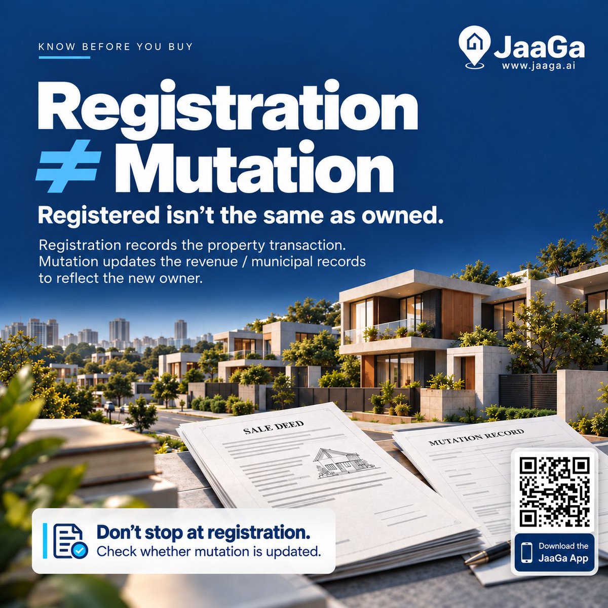 JaaGa_ai's tweet photo. "Registered" isn't the same as "owned on record."

Registering the sale deed proves the sale. Mutation puts YOUR name in the records. Skip it and the seller still shows as owner — tax, loans &amp; resale suffer.

Registered ≠ mutated. Check both on JaaGa.

#Telangana #RealEstate https://t.co/olYxmttUPu