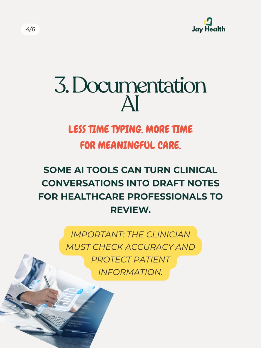 _theJayHealth's tweet photo. AI in healthcare goes far beyond ChatGPT. 
From clinical decision-making to medical imaging, documentation and healthcare education, AI is already changing how the industry works.

The question isn’t whether healthcare will use AI.
It’s whether we’ll learn to use it responsibly. https://t.co/XM5p67zusH