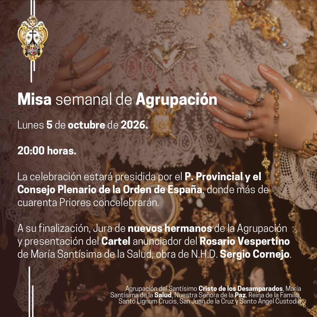 apdesamparados's tweet photo. 🟤 Hoy, Misa semanal de Agrupación concelebrada por el Consejo Plenario de la Orden española. 

Tras ella, jura de nuevos hermanos y presentación del cartel del Rosario Vespertino de María Santísima de la Salud. 

#DesamparadosySalud https://t.co/KJ3ikkveeZ