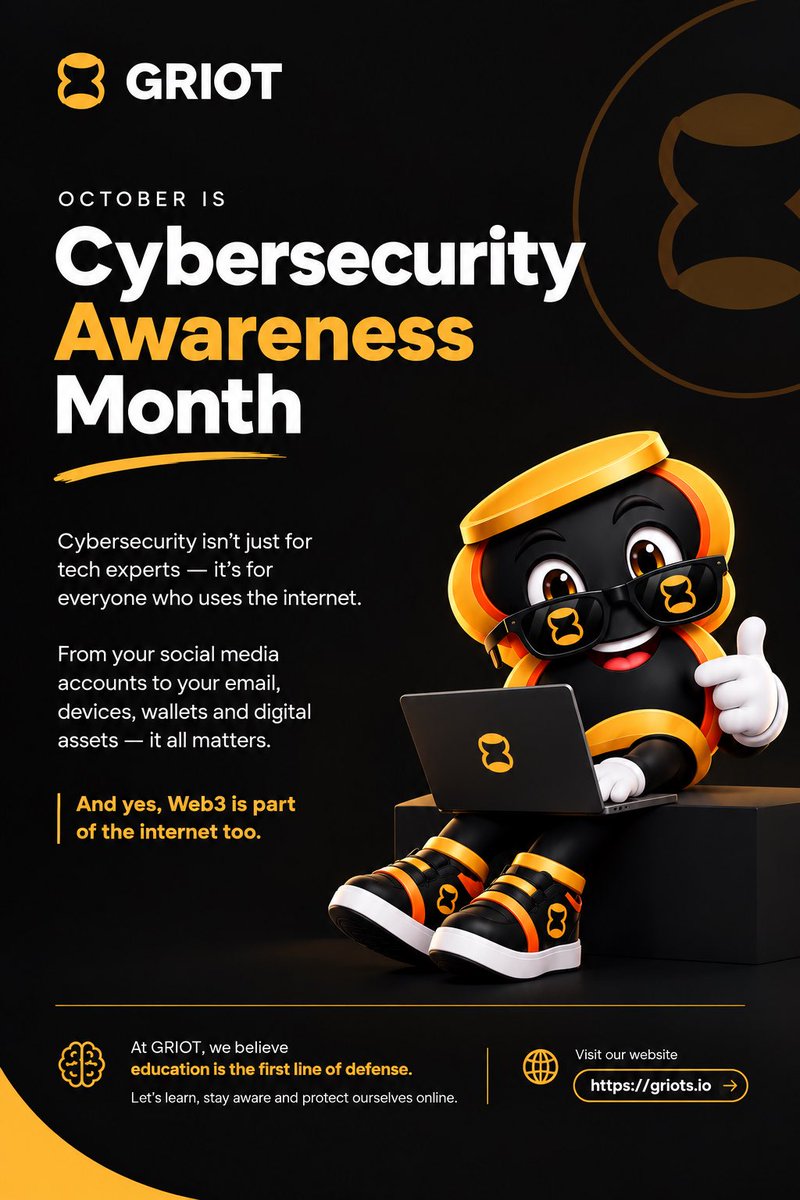 PsammyWeb3Sec's tweet photo. Cybersecurity affects everyone online — Web3 included.

Watch out for phishing, impersonation, fake links &amp; scams.

At GRIOT @Griotnative, education is the first line of defense. 
Learn. Stay aware. Protect yourself.

#CybersecurityAwareness #Web3 https://t.co/aTe1ro6UTq