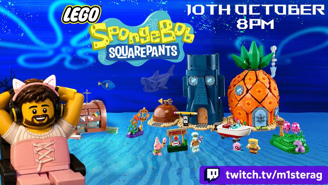 M1sterAG's tweet photo. THIS SATURDAY WE’RE GOING TO BIKINI BOTTOM!
Join me 10th October at 8PM as we build the LEGO SpongeBob SquarePants Bikini Bottom set LIVE!
Be there: https://t.co/32231yoDJY
#LEGO #SpongeBob #LEGOSpongeBob #TwitchUK https://t.co/pm9gVlj07Y