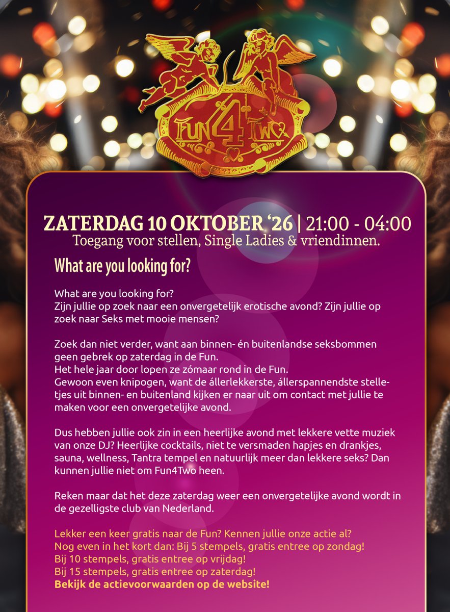 clubfun4two's tweet photo. Ons nieuwe weekend programma staat online op https://t.co/UGkndbbQxv
Team Fun4Two
#parenclub #swingersclub #programma #Fun4Two #weekend #party #singleladies #couples #zondag #zaterdag #vrijdag #swingerssunday https://t.co/ntjKB12XI8