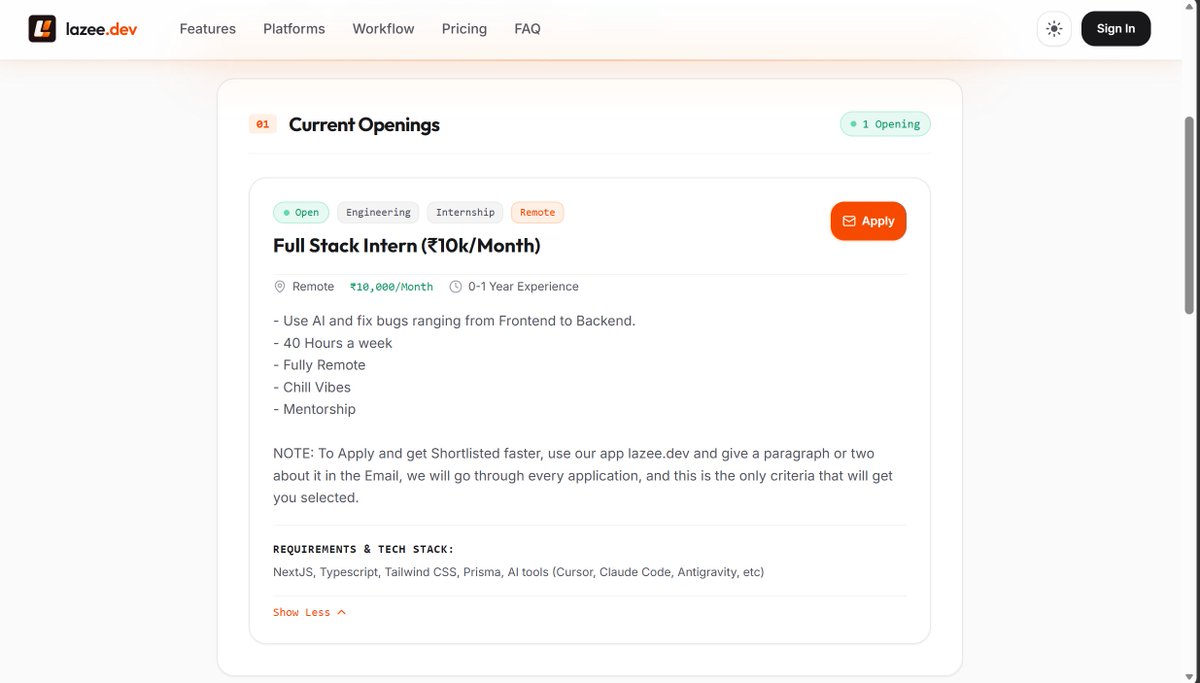 TusharSoni014's tweet photo. I'm Hiring!

- Full Stack Intern (40hrs/week)
- ₹10,000 per Month
- Required: Next Js, Typescript, Zustand, Tailwind Css, Prisma ORM, AI Tools (Cursor, Claude Code, etc)
- 100% Remote
- Chill Vibes
- Mentorship

To Apply, visit: https://t.co/5FZEt8xvLE https://t.co/tVS2CBGcmv