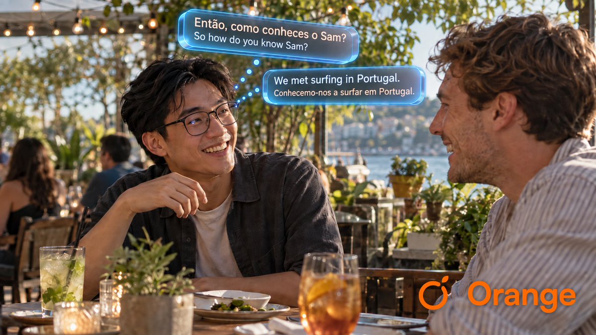 OrangeVisionCo's tweet photo. Your friend shows up to the meetup with a new friend. But you don't speak the same language.

Meta's new Ray-Ban Meta Audio glasses can already translate speech out loud. Pretty handy.

Now imagine reading it instead, with no second voice in your ear.

With Orange AI AR smart glasses, their words pop up as captions in your language, right where you're already looking.

Eye contact stays. The joke lands. You both have a smooth, real time conversation for both indoor and outdoor.

Of course, that only works if you actually want to keep them on.

Orange's patented Polarization Volume Hologram (PVH) optics do the heavy lifting in an ultra-thin film, so the glasses are designed to stay light and look like your everyday pair.

And a single power-efficient imager drives both displays, designed so you're not interrupted mid-conversation to go charge your AI glasses.