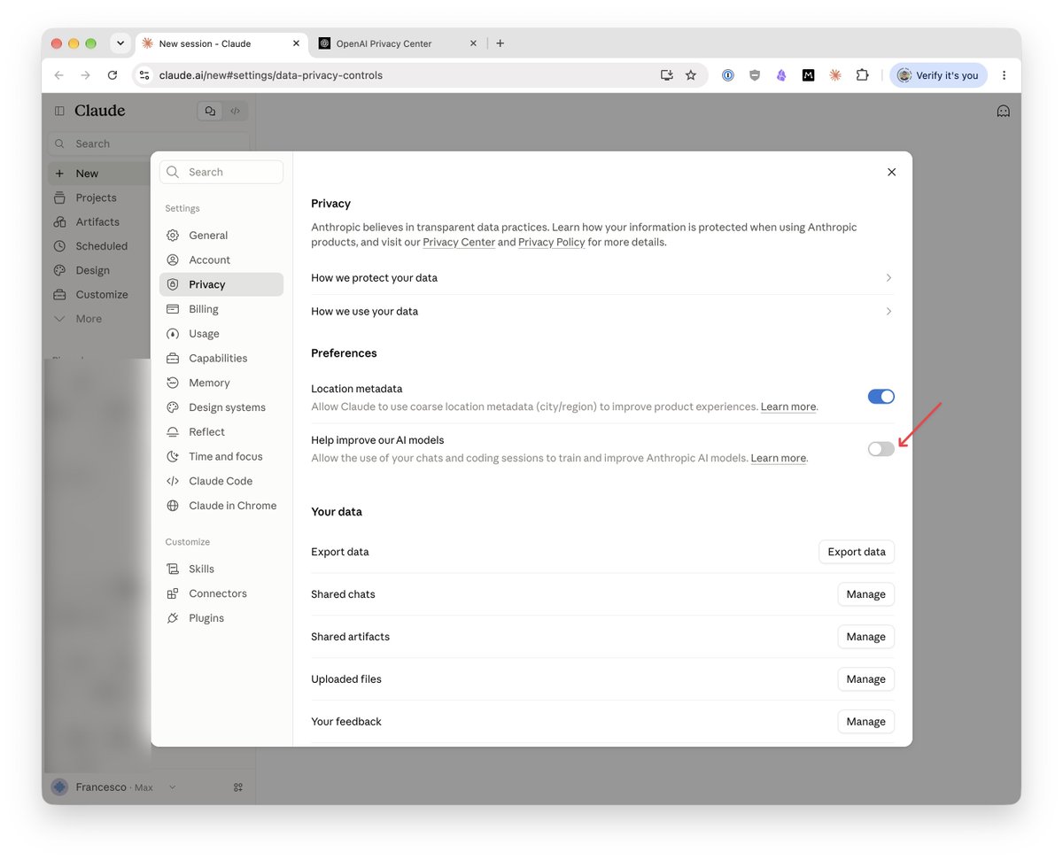 Anthropic privacy settings screen showing the toggle that disables using chats and coding sessions to improve Claude