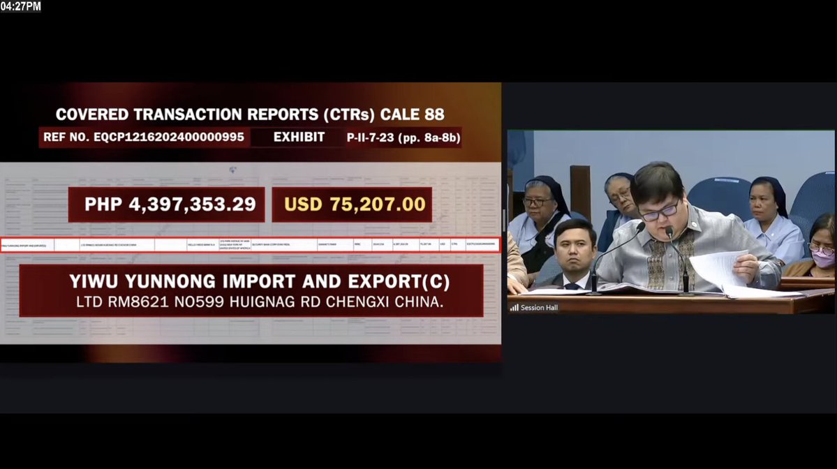PhilippineStar's tweet photo. ‘THE ADDRESS INDICATED PO HERE, COUNTERPARTY ADDRESS IS… CHENGXI, CHINA PO ‘YUNG NAKA-INDICATE SA RECORD’
Private prosecutor Mae Divinagracia asks witness Anti-Money Laundering Council (AMLC) executive director Atty. Ronel Buenaventura about where the remittance came from during the 33rd day of the impeachment trial.
“Atty. Buenaventura, saan po galing ‘yung nabanggit ninyo na ina-award remittance?” she asked on Monday.
“There’s no mention specifically kung saan po galing but in our records lang po, the closest I think would be, the counterparty name indicated here is Yiwu Yunnong Import and Export (C). And the address indicated po here, counterparty address is LTD RM8621 NO599 Huinag Road, Chengxi, China po ‘yung naka-indicate sa record,” the witness replied.
LIVE: https://t.co/WuhGJ7jhxk