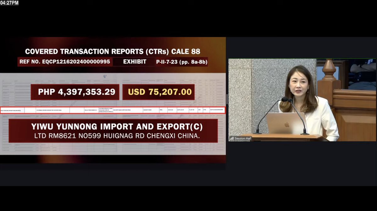 PhilippineStar's tweet photo. ‘THE ADDRESS INDICATED PO HERE, COUNTERPARTY ADDRESS IS… CHENGXI, CHINA PO ‘YUNG NAKA-INDICATE SA RECORD’
Private prosecutor Mae Divinagracia asks witness Anti-Money Laundering Council (AMLC) executive director Atty. Ronel Buenaventura about where the remittance came from during the 33rd day of the impeachment trial.
“Atty. Buenaventura, saan po galing ‘yung nabanggit ninyo na ina-award remittance?” she asked on Monday.
“There’s no mention specifically kung saan po galing but in our records lang po, the closest I think would be, the counterparty name indicated here is Yiwu Yunnong Import and Export (C). And the address indicated po here, counterparty address is LTD RM8621 NO599 Huinag Road, Chengxi, China po ‘yung naka-indicate sa record,” the witness replied.
LIVE: https://t.co/WuhGJ7jhxk