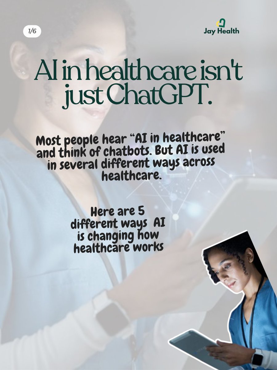 _theJayHealth's tweet photo. AI in healthcare goes far beyond ChatGPT. 
From clinical decision-making to medical imaging, documentation and healthcare education, AI is already changing how the industry works.

The question isn’t whether healthcare will use AI.
It’s whether we’ll learn to use it responsibly. https://t.co/XM5p67zusH