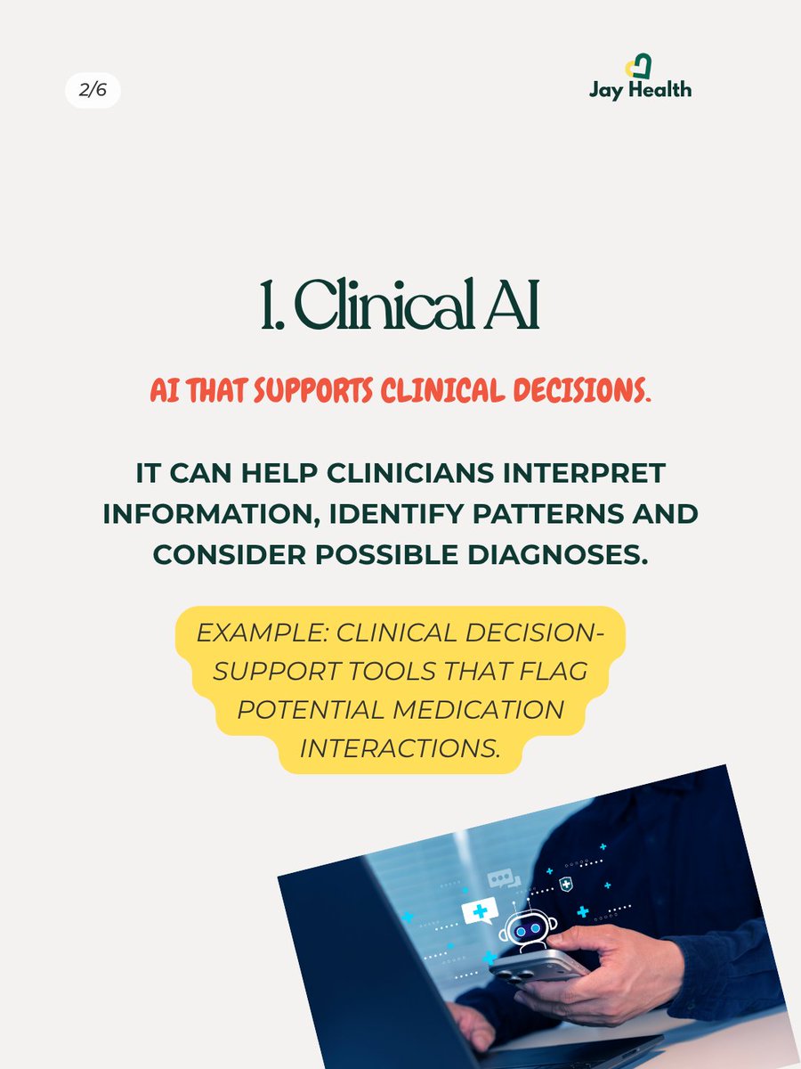 _theJayHealth's tweet photo. AI in healthcare goes far beyond ChatGPT. 
From clinical decision-making to medical imaging, documentation and healthcare education, AI is already changing how the industry works.

The question isn’t whether healthcare will use AI.
It’s whether we’ll learn to use it responsibly. https://t.co/XM5p67zusH