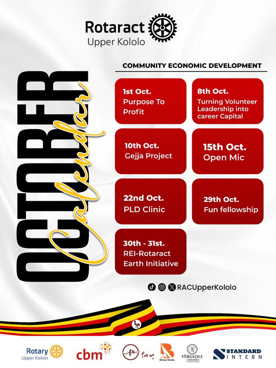 RACUpperKololo's tweet photo. October is Calling✨
Community Economic Development Month
Another month of purpose, connection, service and unforgettable moments with the RAC Upper Kololo.
Here’s our October lineup mark your calendars and come ready for the experience. 🗓️✨
#RACUK #UKThursdays https://t.co/9KKo6veu3g