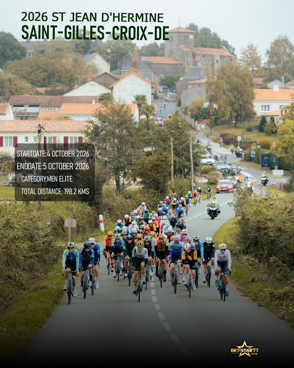betstar77's tweet photo. 198.2 km de pura clásica en Francia. 🏁💥 De Saint-Jean-d'Hermine a Saint-Gilles-Croix-de-Vie, ¿quién ganará el Tour de Vendée 2026? 🚴♂️👑 #TourDeVendee #Ciclismo #CyclingLife https://t.co/Jp3OGDenzw