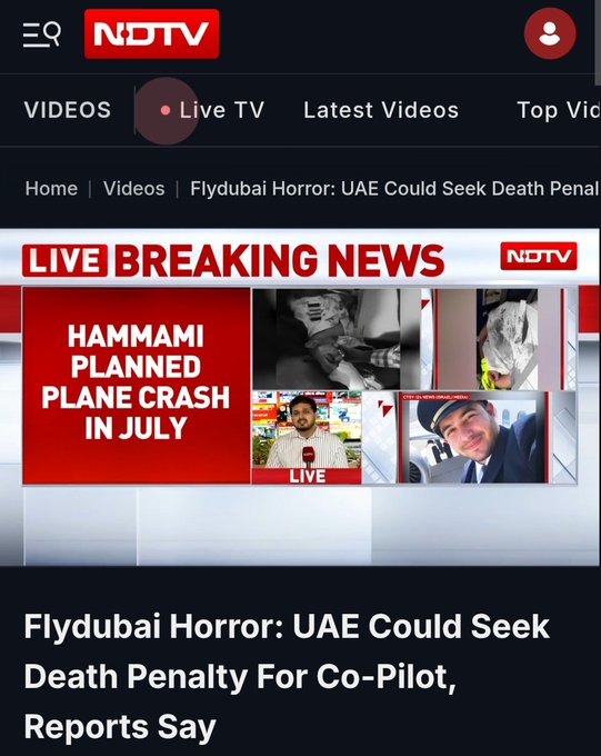 NDTV app screenshot showing a Live TV broadcast with breaking news about 'Hammami Planned Plane Crash in July,' referencing the Flydubui Horror story about the UAE potentially seeking the death penalty for the co-pilot.