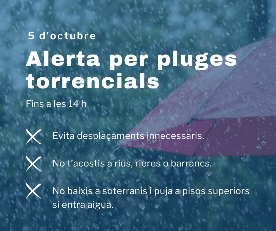 AjRubi's tweet photo. ⚠️ Protecció Civil ha emès una alerta per pluges torrencials fins a les 14 h.

❌ Evita desplaçaments innecessaris.
❌ No t'acostis a rius, rieres o barrancs.
❌ No baixis a soterranis i puja a pisos superiors si entra aigua.

En cas de risc, truca al 112.

#rubicity https://t.co/SUI7d1HypW