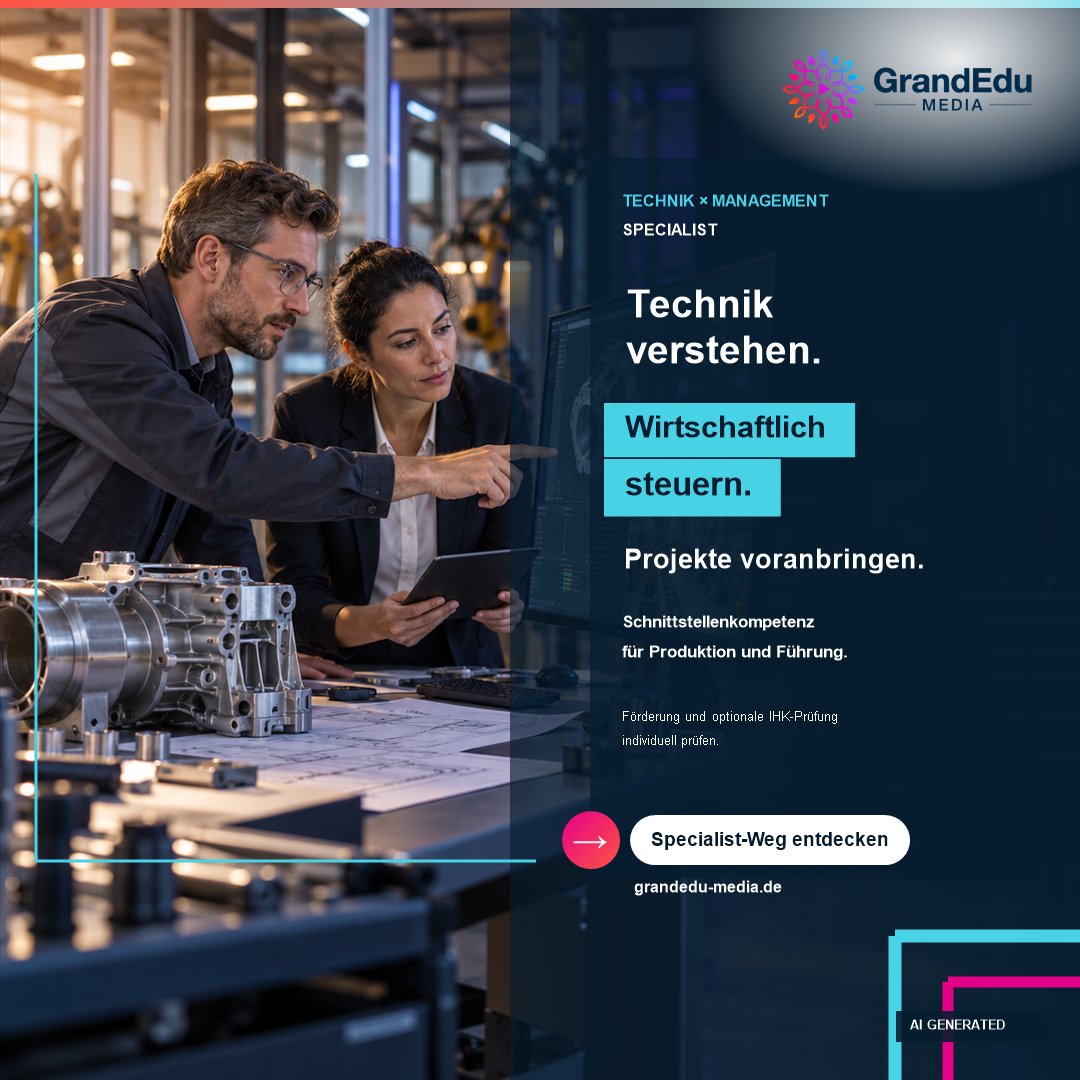 GrandEduMedia's tweet photo. Werbung: Technik und Management zusammendenken – für Schnittstellen in Produktion, Projekten und Führung. Förderung und optionale externe IHK-Prüfung individuell prüfen. https://t.co/mAP3b35zWK https://t.co/puGB5sjHOs
