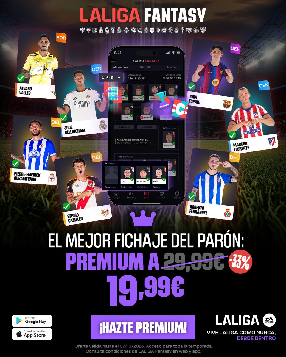 LaLigaFantasy's tweet photo. 💣 ¡Fichaje estrella del parón!
🤩 Llévate #LALIGAFANTASY Premium por solo 19,99 €.
⏳ Solo hasta el 7 de octubre.
📲 ¿A qué esperas? https://t.co/nMDoXMKQUS https://t.co/Gh6acu27fp