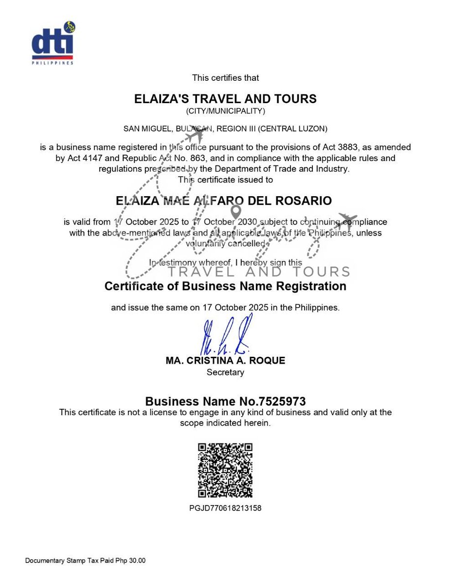 19Tess89's tweet photo. Elaiza’s Travel and Tours is a DTI- and BIR-registered travel agency. Book with confidence for safe, transparent, and reliable travel services. Based in San Miguel, Bulacan. https://t.co/0SKk71ovD3