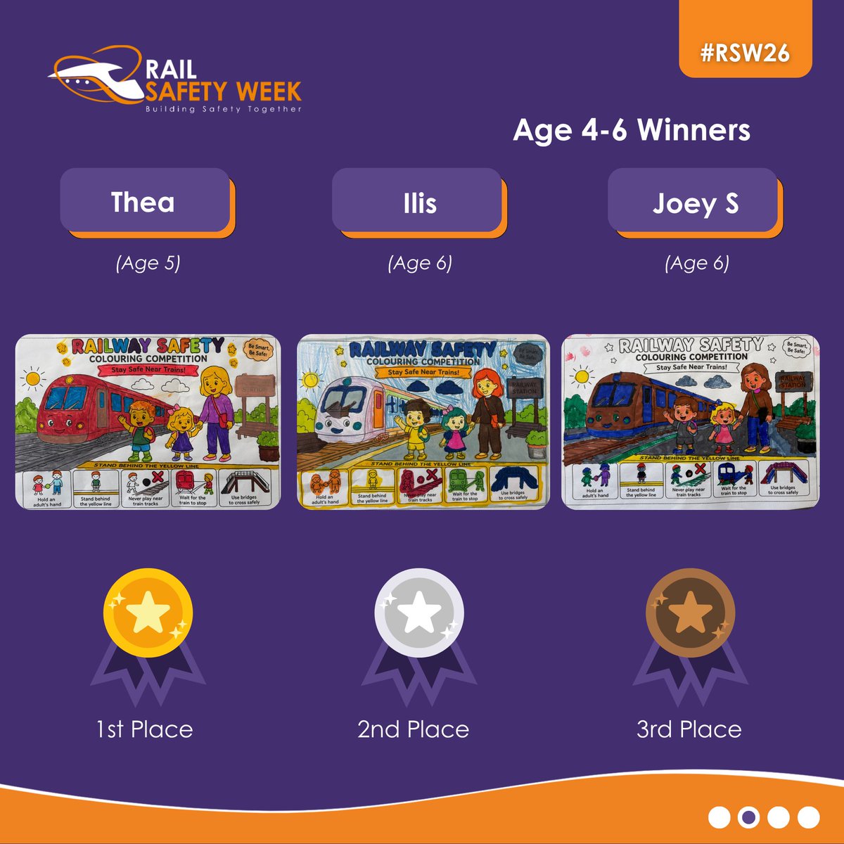 RailSafetyWeek's tweet photo. 🎨 Rail Safety Week Colouring Competition 2026 Winners Announced

🏆 Ages 4-6:
1. Thea
2. Ilis
3. Joey S

🏆 Ages 7-10:
1. Ada
2. Sophie
3. Isla

A huge thank you to every child who took part!

---

View the winning entries here 👇
🔗 https://t.co/XqmNbUOLqZ https://t.co/CWmTVD7gkK