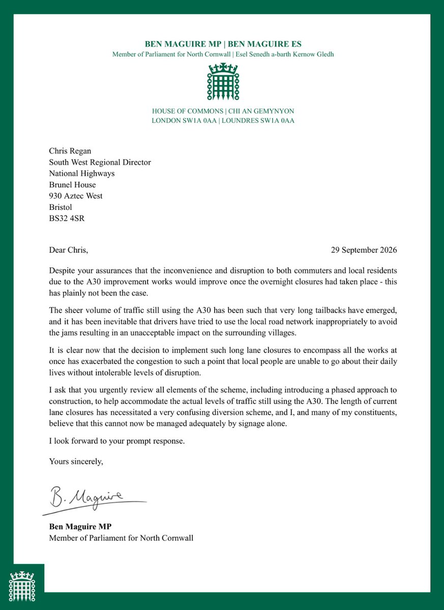 BenMaguireMP's tweet photo. 🚨 🚧 A30 WORKS UPDATE

I wrote urgently to National Highways on behalf of my constituents last week, and will now be escalating the issue with the Department for Transport after their assurances on the A30 roadworks proved completely untrue. 👇 https://t.co/pHQsGx2SrM