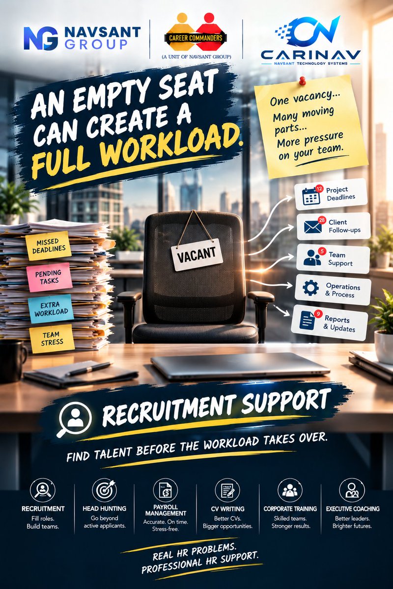 Careercomm50119's tweet photo. 🪑 AN EMPTY SEAT CAN CREATE A FULL WORKLOAD.
One vacancy.
More tasks.
Tighter deadlines.
Extra pressure on the team.
🎯 FIND TALENT BEFORE THE WORKLOAD TAKES OVER.
#CareerCommanders #Recruitment #HeadHunting #HRServices #TalentAcquisition #Hiring #TalentSearch #HumanResources https://t.co/f6DSlFFpIN