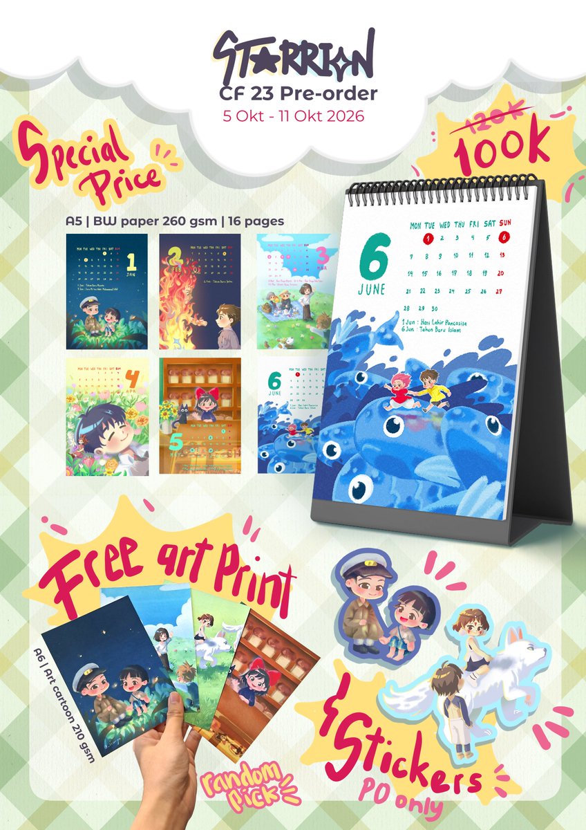 _starrion's tweet photo. STARRION OPEN PO for CF-23!! 
Untuk kamu yang suka ghibli dan butuh kalender meja,  boleh nih~ dan khusus yang PO akan dapat stiker dan art print ghibli gratis loh!! 

PO period 5 - 11 okt 2026. Indo only &amp; pickup only. 
#CF23 #ghibli #Preorder https://t.co/vWsGRt8tso