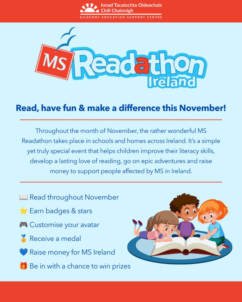 eckilkenny's tweet photo. Join MS Readathon Ireland this November and inspire a love of reading while supporting people affected by MS across Ireland.
✨Read books
🏅Earn rewards
💙Raise funds
🎁Win prizes
Register now at https://t.co/BTP9NTH9UH
#MSReadathon #ReadingForFun #PrimaryEducation #KESC https://t.co/bTWbinz4ya