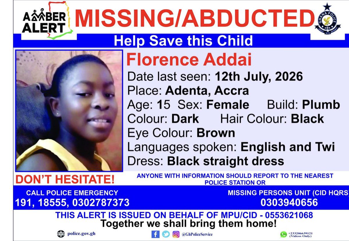 Nanaezze's tweet photo. According to the police she was last seen on July 12

Fifteen year old Florence Addai is still missing 

Let’s find her https://t.co/dvJ0GiKrnS