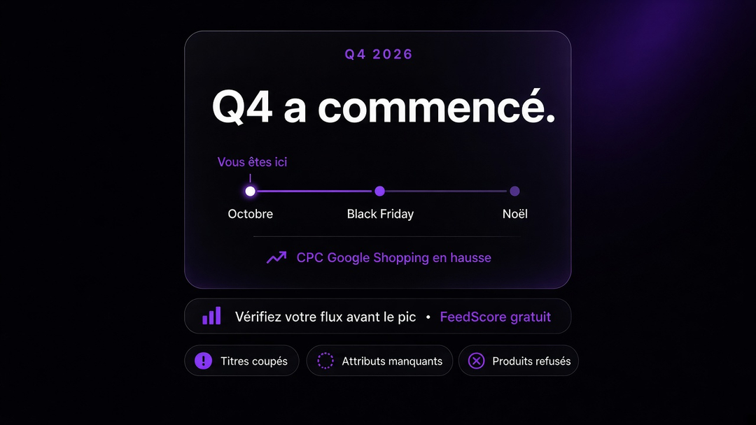 getfeedcast's tweet photo. Q4 a commencé. Votre flux produit n'est pas prêt ?

L'Agent IA Feedcast repère les titres coupés, attributs manquants et produits refusés, puis corrige pour vous. Avant que les CPC n'explosent 👇
https://t.co/jq9RpX2DLF https://t.co/0UEB49sQuh