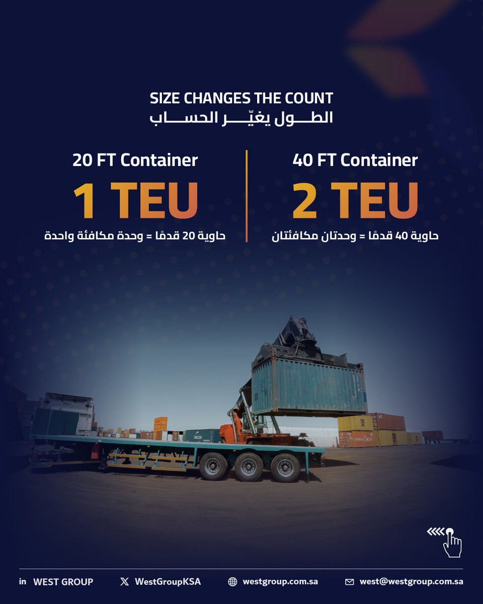 WestGroupKSA's tweet photo. One container. Two TEUs. How? 📦
Swipe to explore port language with West Group.

#WestGroup #PortOperations #Logistics #TEU #FEU https://t.co/1TFjBIDhBX