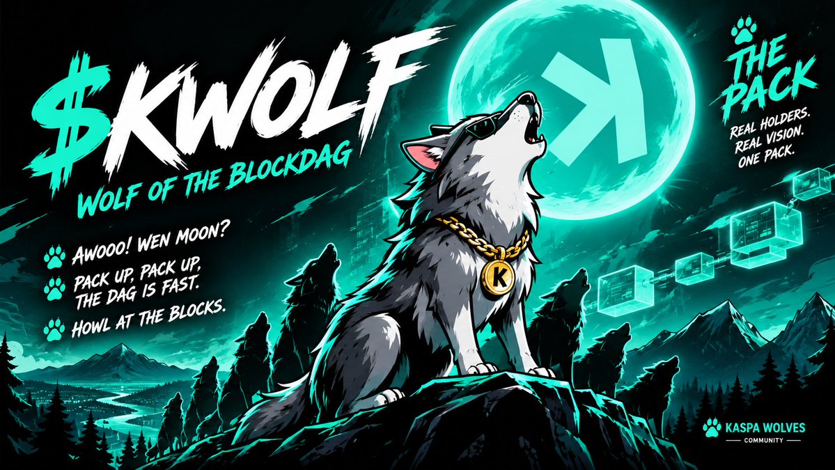 KWOLF_X's tweet photo. Awooo! 🐺 The pack has arrived. 
 $KWOLF - Wolf of the BlockDAG 
 Real holders. Real vision. One pack.  
Built by the Kaspa Wolves community, for everyone who believes in the fastest blockDAG in crypto.  
Pack up, the DAG is fast. ⚡  Howl at the blocks 👇  #Kaspa #KAS #KWOLF #BlockDAG #KaspaCommunity