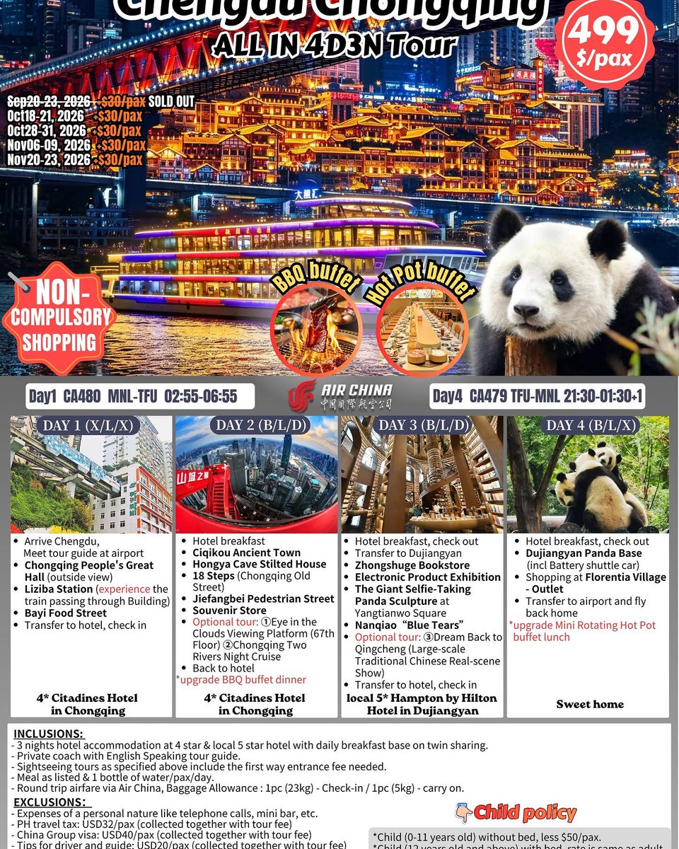 quiiendice's tweet photo. Ang cute ng panda! All-in 4D3N Chengdu-Chongqing tour, available travel dates this Oct-Nov 2026. Guaranteed group visa, no compulsory shopping. Message us for reservations and inquiries. https://t.co/Ytp8ImgVbZ