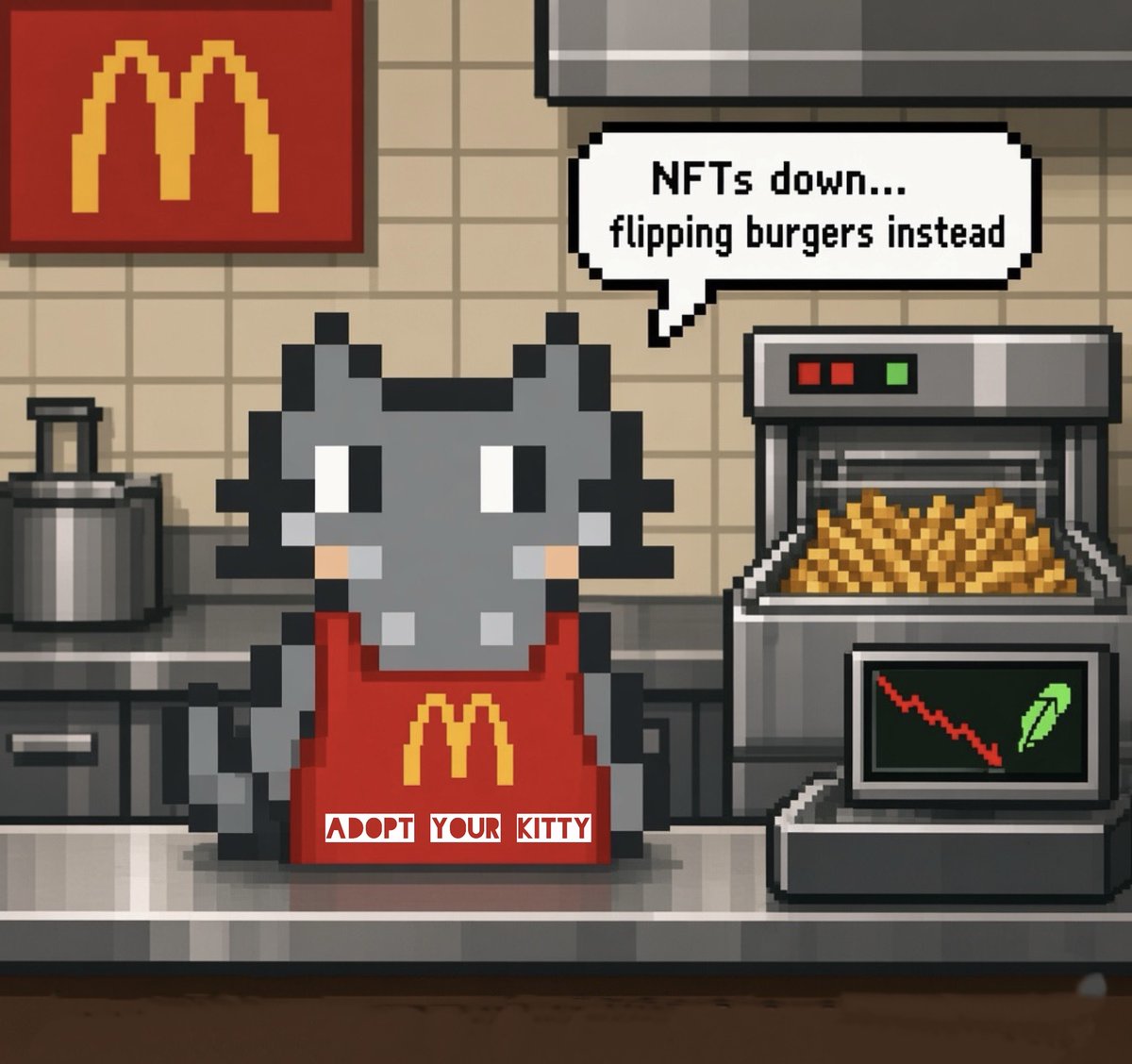 RHKitties's tweet photo. GM 🐱☕️

NFT market been red for weeks… 📉
So the Kitties got a job. 🍔🍟

Adopt your Kitty and join the journey. 
Meowww. 🐾🐈 https://t.co/4UTRRjxQ9z