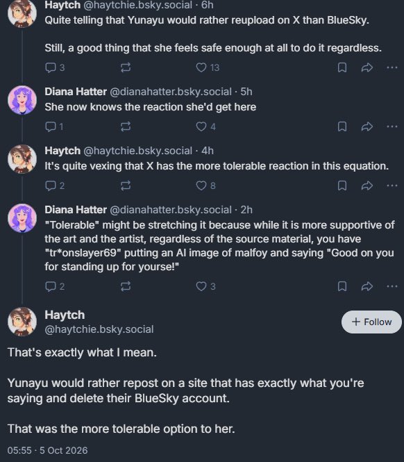 GiveMeBanHammer's tweet photo. Yunayu closed her Bluesky Account, and reposted her Malfoid art on X instead. The overwhelming support she got from the users here made her post a follow up piece few minutes ago with a happy Malfoid.

Meanwhile Bluesky users, are not taking her departure well.

Well if isn’t consequences for one’s actions. Should not have harassed artists over art then. Self-inflicted…