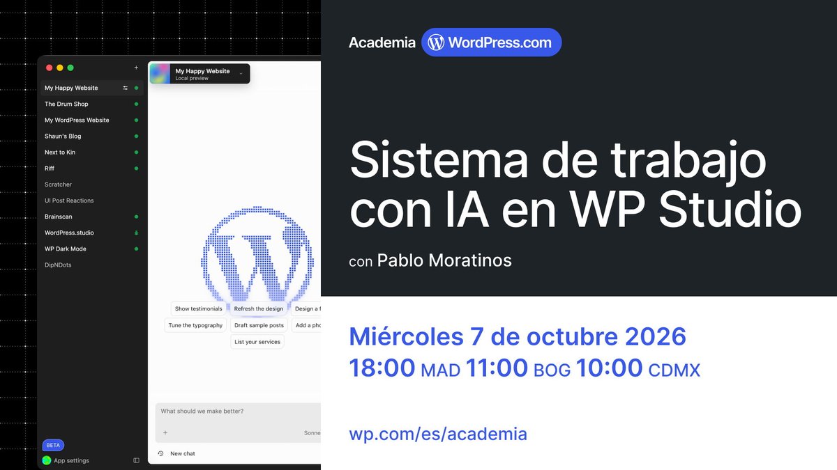 eswordpresscom's tweet photo. ¿Gestionas varios proyectos de WordPress a la vez? Entonces quizá no necesitas trabajar más horas, sino un sistema mejor. 

En este webinar práctico, @pablomoratinos te enseñará cómo usar WordPress Studio e IA para agilizar tu flujo de trabajo de principio a fin. https://t.co/swSkWYB83R