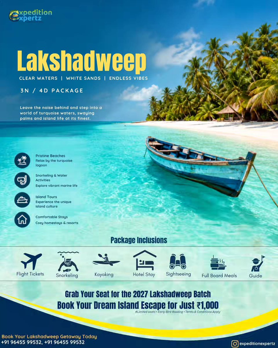 jefersonbastida's tweet photo. Your 2027 Lakshadweep escape starts now. Reserve your Agatti Island seat for just ₹1, 000. Limited seats for premium stays, island experiences and hassle-free travel. Small islands. Big memories. https://t.co/uwLBz41PmU