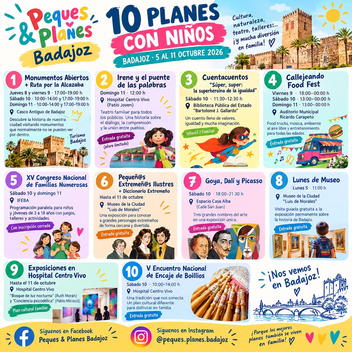 pequesplanesbjz's tweet photo. ¡SEMANA DE NO PARAR! 🚀
10 planes con niños del 5 al 11 de oct.
Cultura, teatro, food fest, museos GRATIS...
Desliza y elige tu fav 👉
•  ¡SORTEO ACTIVO!
#badajoz #pequesplanesbadajoz #ciudaddbadajoz #planes #octubre https://t.co/AuKCd8sZxv