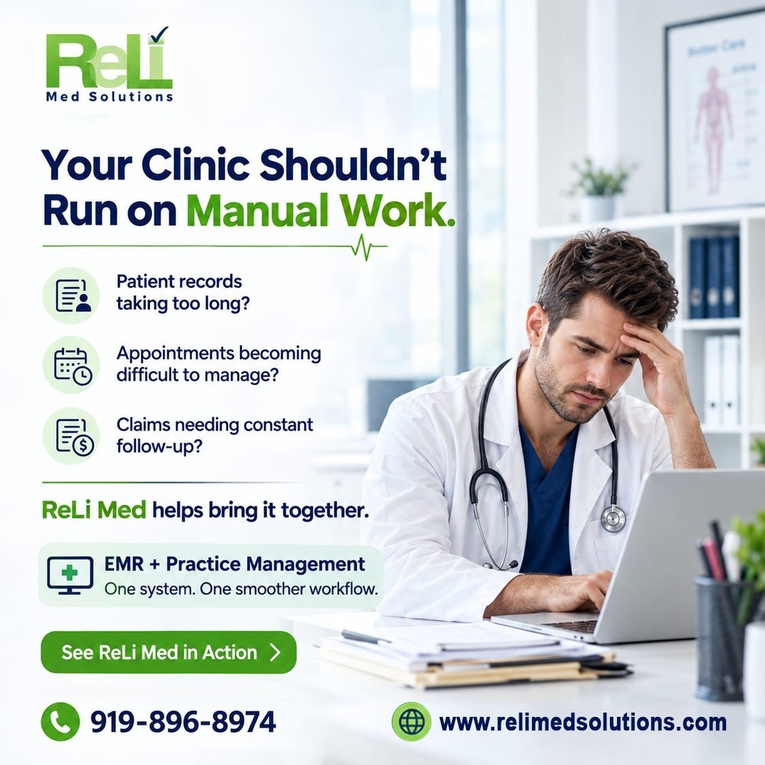 Relimed's tweet photo. ❌ Before: slow records, messy appointments, endless claim follow-ups.
✅ After: ReLi Med, one system, one smoother workflow. 

Book a demo: 919-896-8974 

#relimedsolutions #emr #healthtech #clinicworkflow #practicemanagement #healthcareautomation #medicalbilling #doctorlife https://t.co/qSNzPl2o69