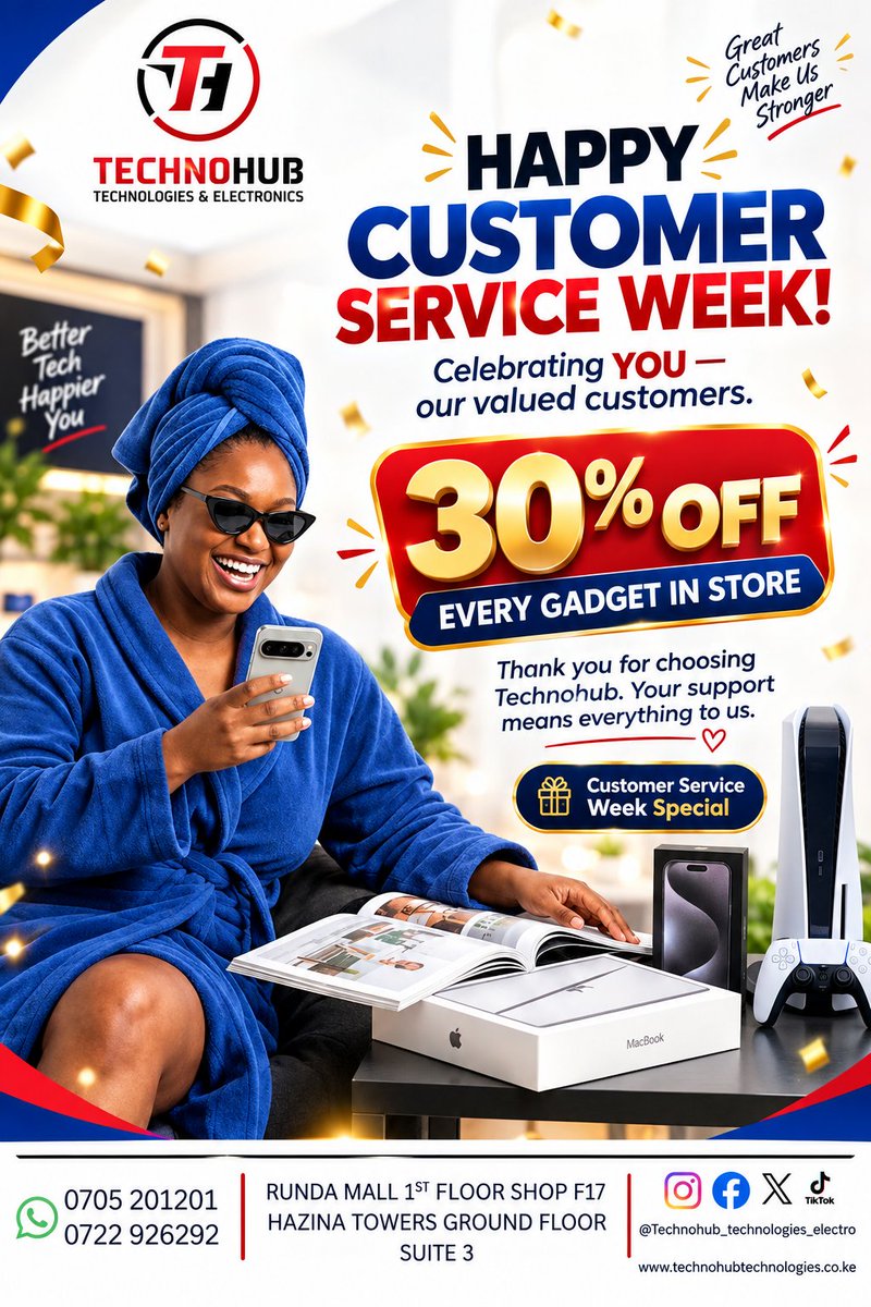 technohubtech's tweet photo. This week’s plug is HERE! 🔌📱
​To say thank you for making Technohub your go-to tech store, enjoy up to 30% OFF storewide + a special Customer Service Week gift on us!
​📞 Call/WA: 0705201201
📍 Runda Mall &amp; Hazina Towers
​#Technohub #TechDeals #CustomerServiceWeek https://t.co/fKqBCEMQ5i