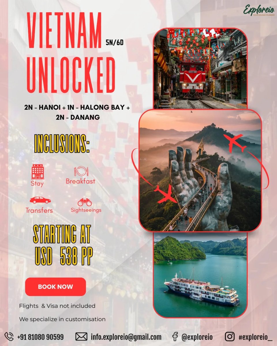blend643's tweet photo. Vietnam is unlocked for 2026. Explore Hanoi, cruise Halong Bay, and discover Da Nang on a seamless 5N/6D journey from USD 538 per person, including stays, breakfast, private transfers, and sightseeing. Customize your dream itinerary with Exploreio. https://t.co/MAEkyR8r03