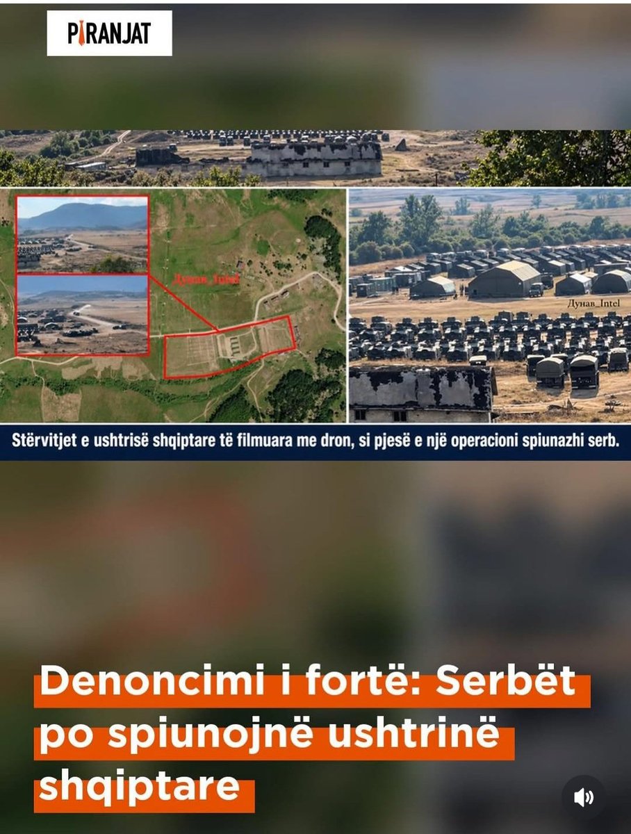 ilirisht's tweet photo. Serbët po spiunojnë ushtrinë shqiptare @MinMbrojtjes 

Analisti i sigurisë, Drizan Shala ka publikuar dëshmi se ushtria shqiptare po vëzhgohet prej kohësh nga një llogari serbe. Në një analizë të botuar në Tirana Examiner, Shala tregon se më 2 tetor llogaria Dunav Intel në rrjetin X, që i vulos fotografitë me cirilikë serbe, nxori pamje të Forcave të Armatosura në poligonin e Bizës dhe i quajti ekskluzive.

Në fotografi duken radhët e çadrave, kolonat e mjeteve taktike dhe kazermat e vjetra. Janë bërë nga një pikë mbi poligon, në kohën kur trupat ishin aty.

Sipas Shalës, vetë llogaria thotë se e ndjek Bizën prej më shumë se dy vjetësh. Ajo regjistron edhe fluturimet e dronëve shqiptarë Bayraktar nga baza ajrore e NATO-s në Kuçovë, një nga një, sipas kodit të transponderit.