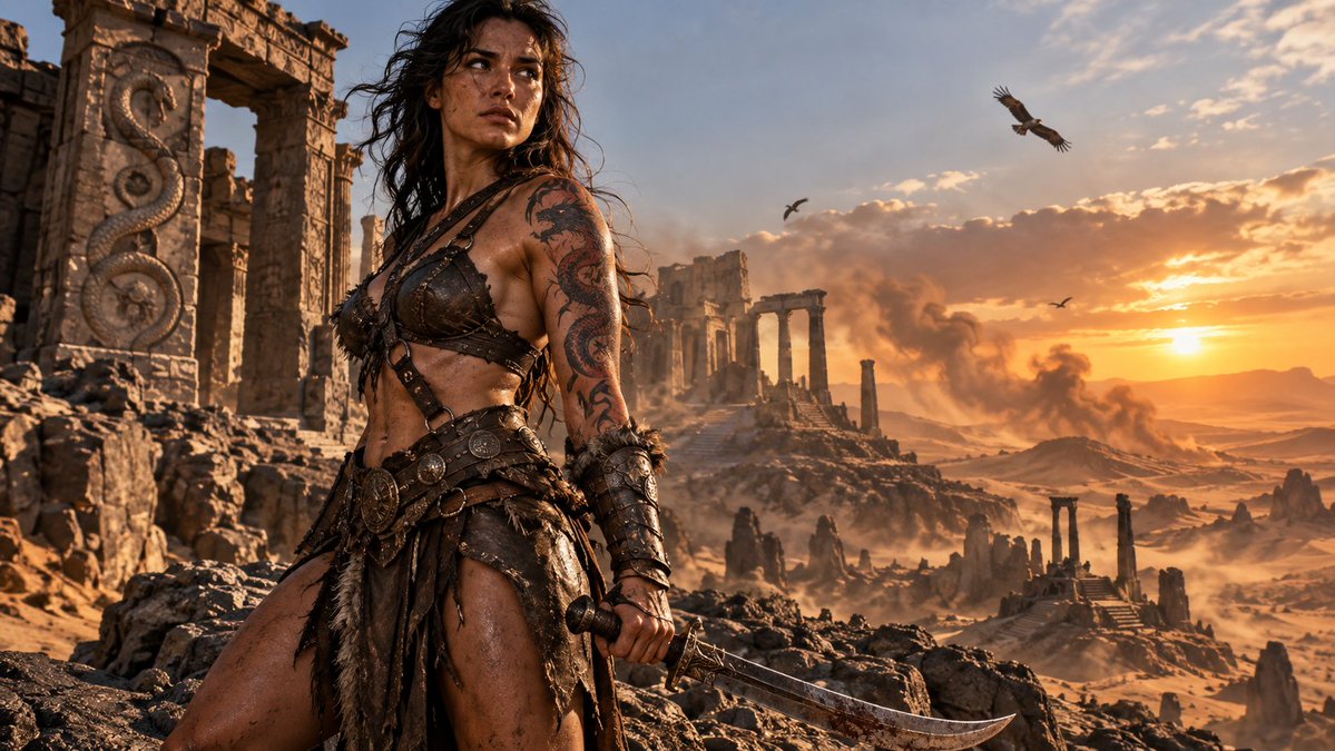 Splinter737's tweet photo. Beneath the burning Hyborian sun, she stands. The dragon‑marked warrior amid ruins of serpent‑worshippers. Dust and blood cling to her skin as the desert trembles before her blade. Strength, fury, and legend forged in fire.
#FantasyArt #ConanWorld #EpicScene #WarriorQueen https://t.co/STGEALLN0R